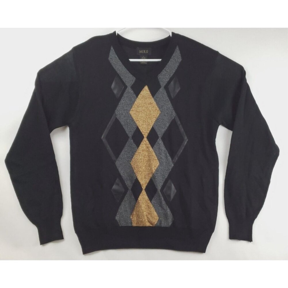 Vintage Miko Sweater Mens Large Black Long Sleeve Wool Knit Regular Fit V-Neck